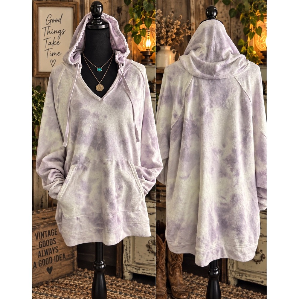 Maurices Tie Dye Hoodie 2X Purple V-Neck Oversized Pullover Sweatshirt